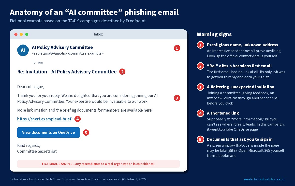 Mockup of a fake AI committee phishing email from a fictional AI Policy Advisory Committee, with 5 numbered red warning signs: prestigious name and unknown address, Re: reply after a harmless first email, flattering invitation, shortened link, OneDrive documents that ask you to sign in