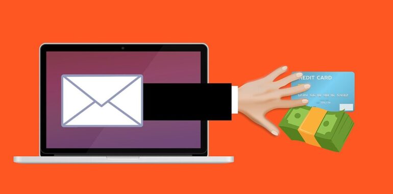 Illustration of a hand reaching out of an email on a laptop screen to steal a credit card and cash