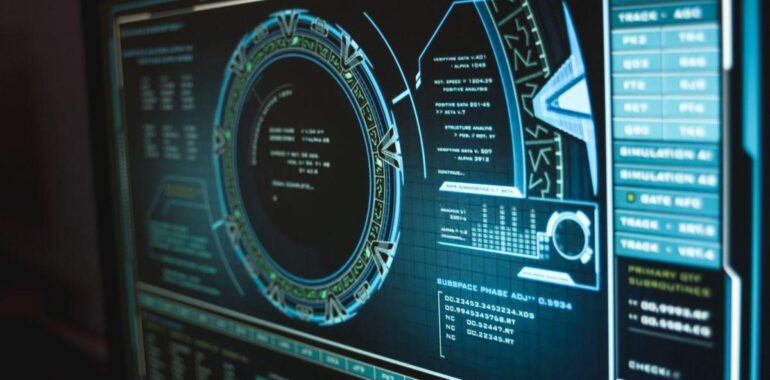 Écran d'interface de cybersécurité futuriste avec cercles et données techniques